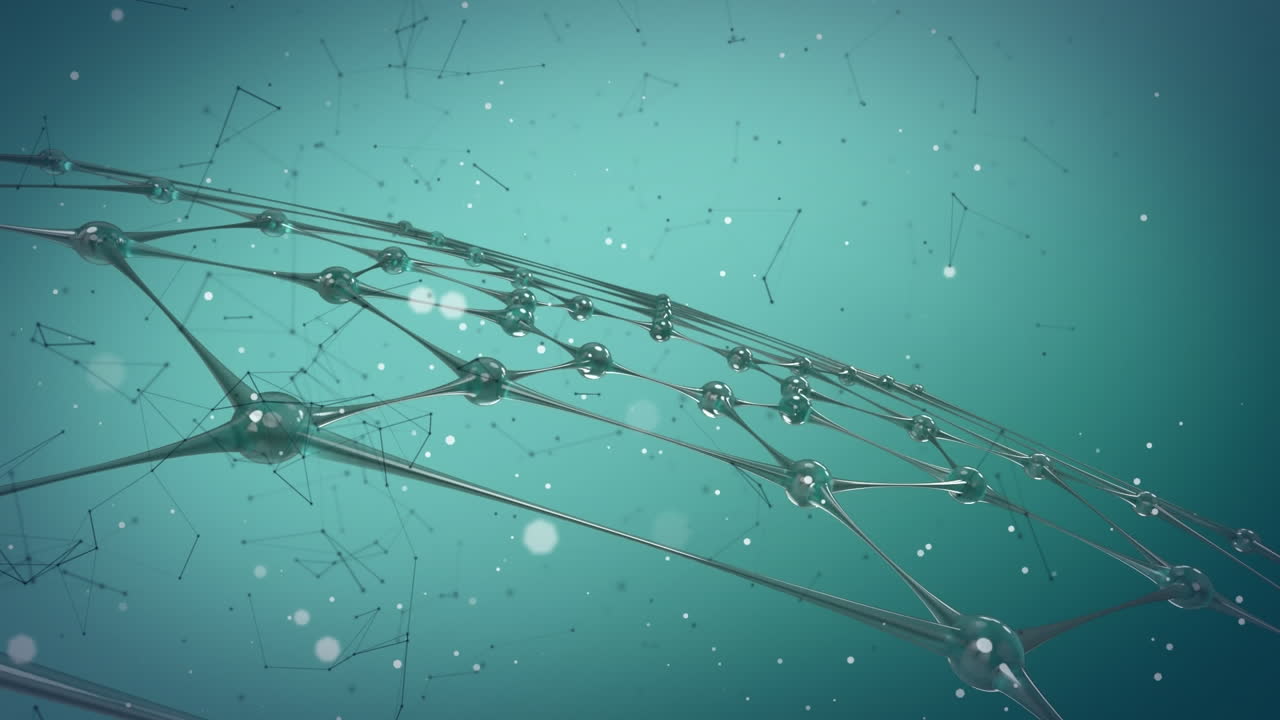 파란색 배경에 있는 분자 위의 빛 점의 애니메이션