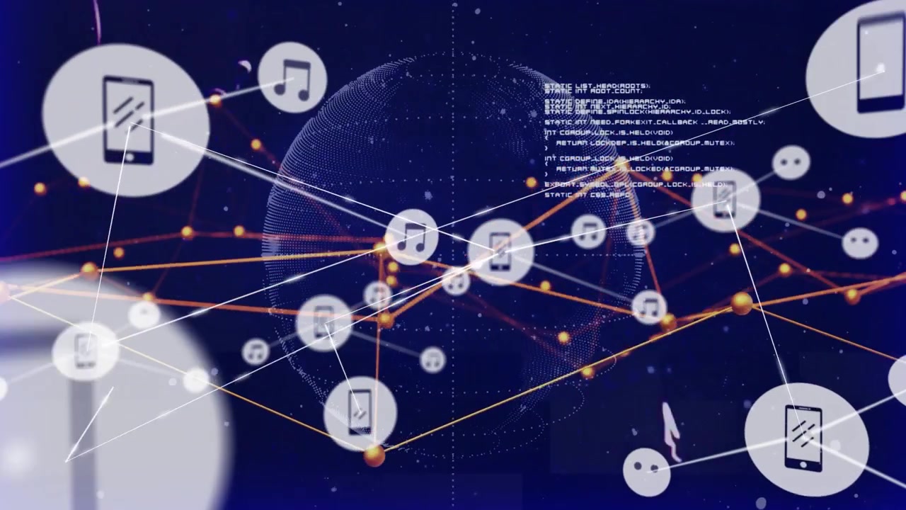 Phone icon appearing, dotted globe and network spawning icons, rotating, visualizing data flow