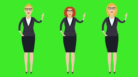 set of 3 business women, hello welcoming gesturing by hand, cartoon animation, green screen chroma key