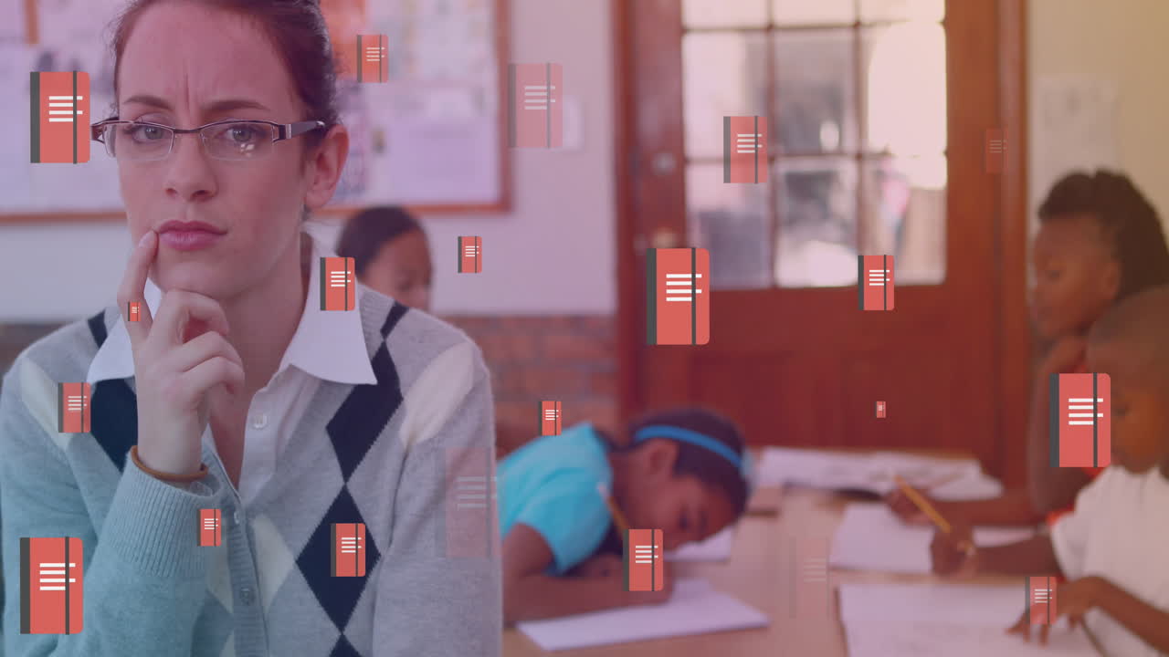 교실에서 다양한 학교 학생들과 함께 백인 여성 교사에 대한 노트북 아이콘의 애니메이션