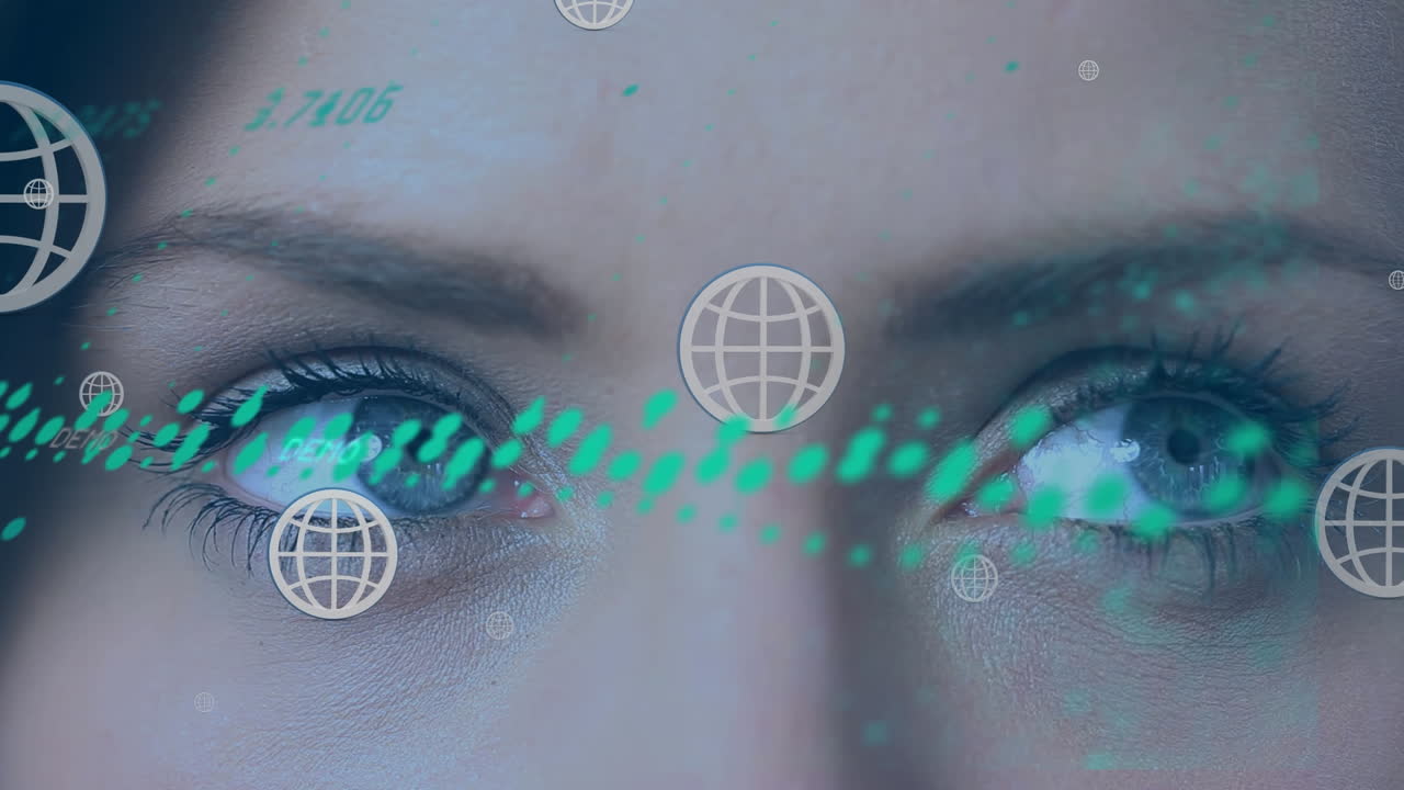 animación de procesamiento de datos y múltiples iconos de globo flotando contra el primer plano de los ojos femeninos