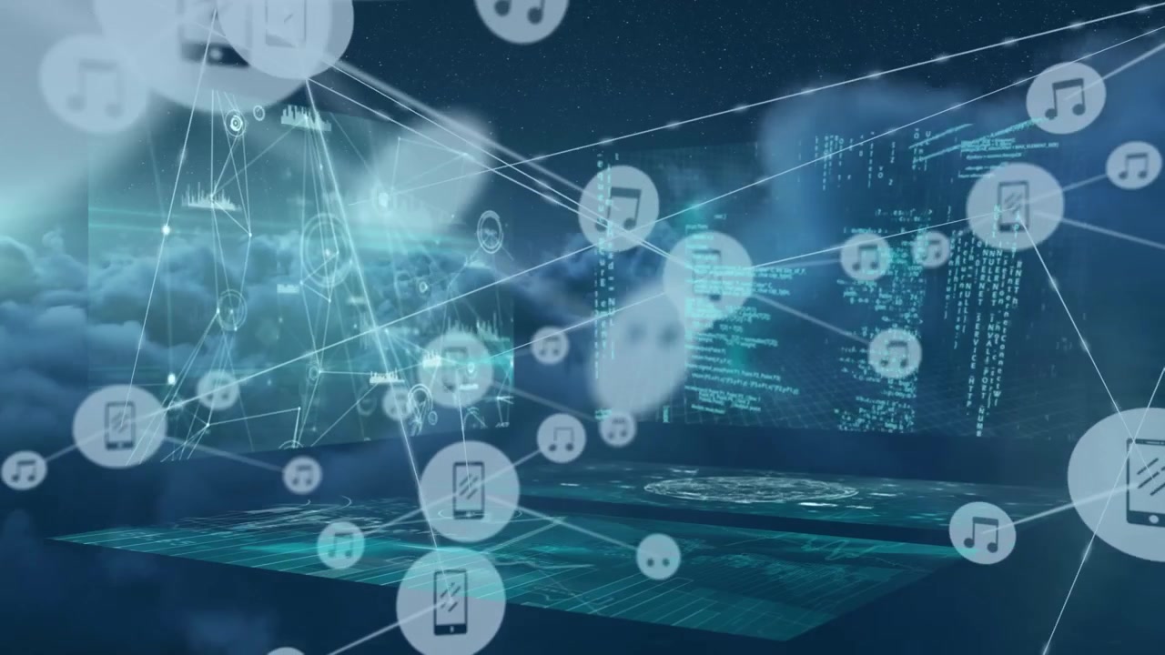 Animation of network of connections with icons and data processing over cloudy sky