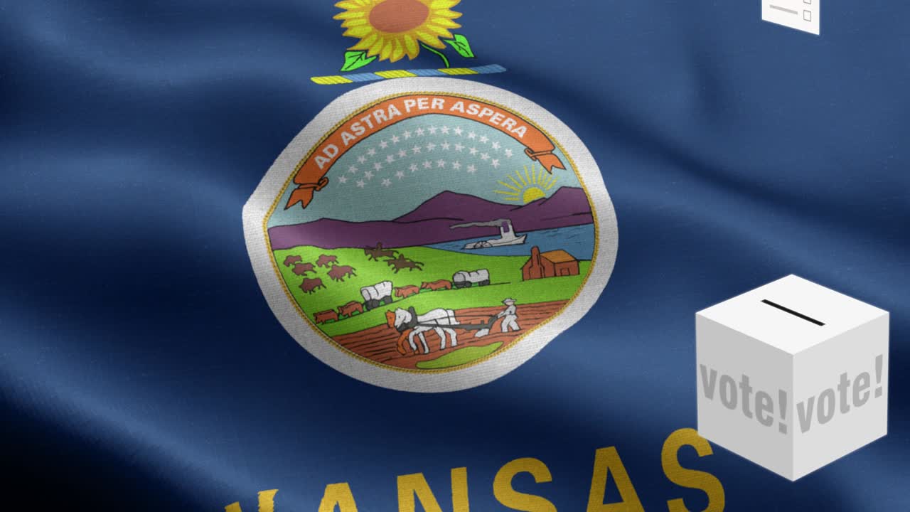 State of Kansas - Ballots fly to box for Kansas selection - Ballot box in front of flag - Election - Vote - National flag Kansas State wave Pattern loopable Elements - Fabric texture and endless loop - Kansas State Loopable Flag - America state flags