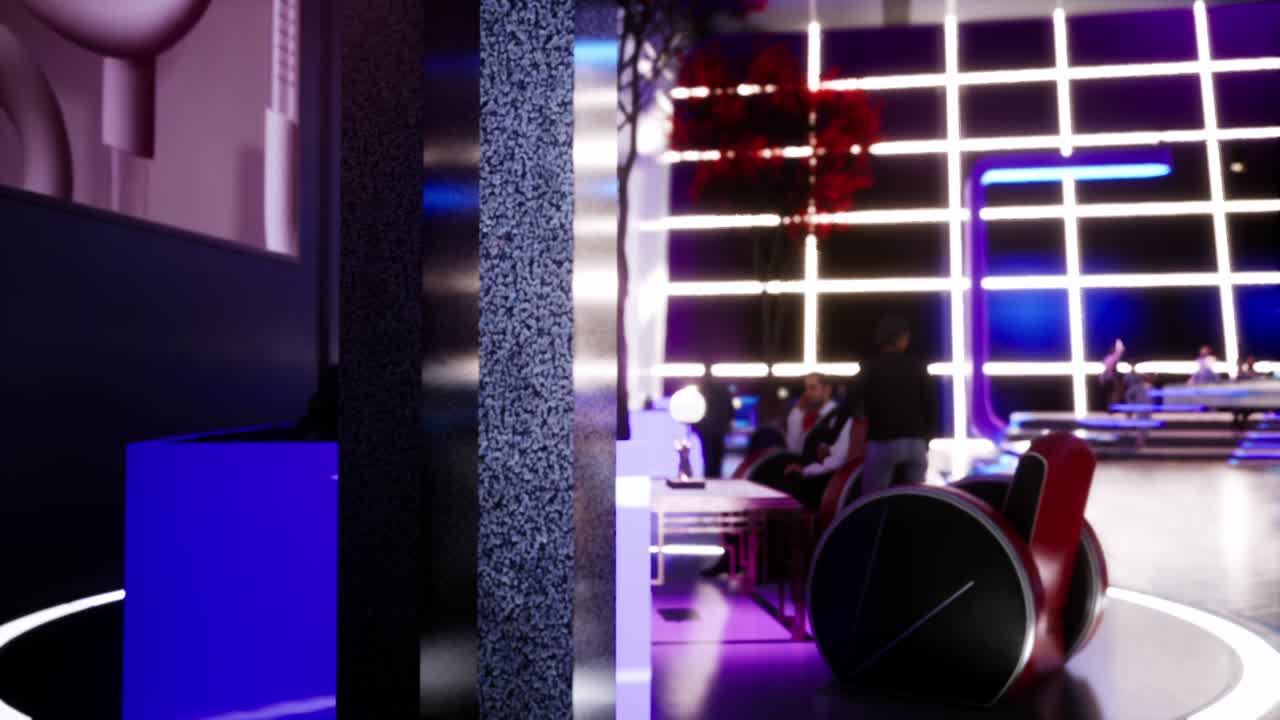 호텔 로비에서 고급스러운 의자에 앉아 있는 사람들의 3d 애니메이션