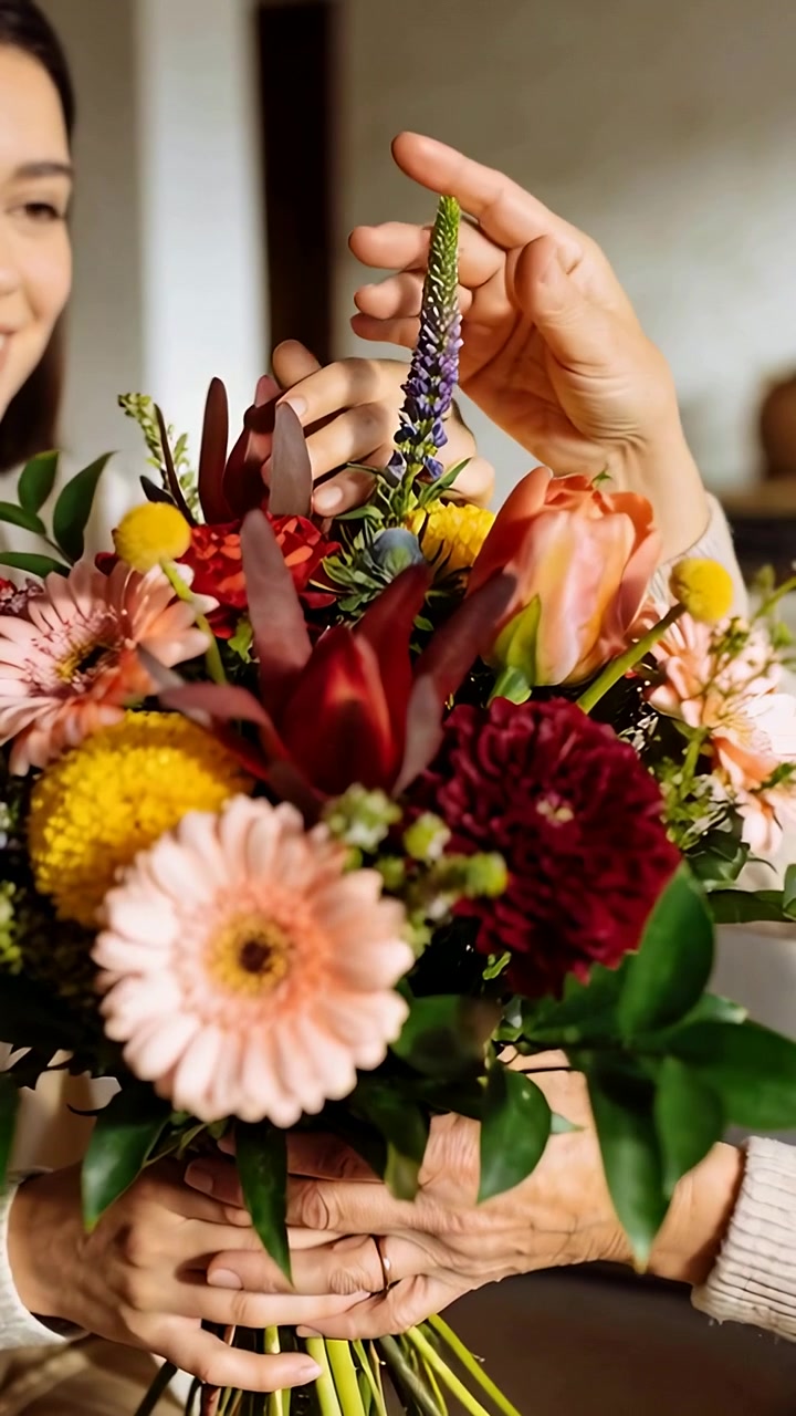 Video verticale: Una signora in maglia a casa tiene un bouquet, mentre mani d'aiuto entrano per fissare un supporto e bilanciarlo.
