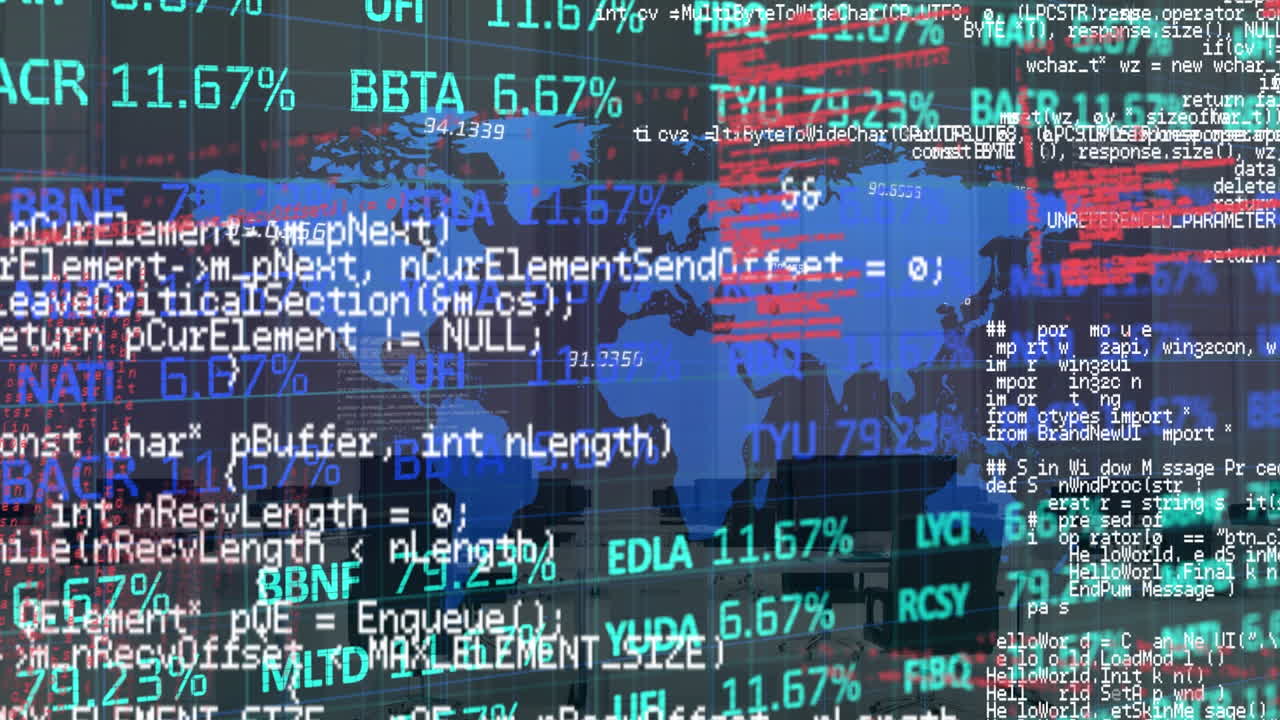 animación del procesamiento de datos y el mapa del mundo sobre la oficina