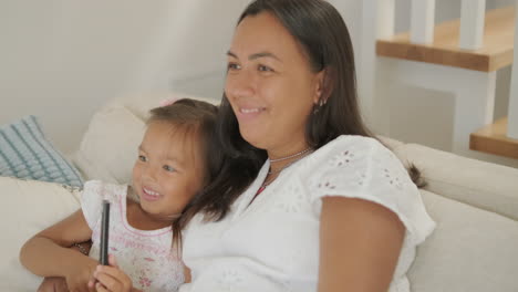mother and daughter watching tv