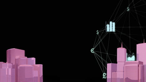 animación de la red digital de conexiones con iconos sobre el modelo de paisaje urbano 3d rosa