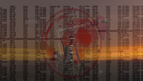 animación del procesamiento de datos financieros sobre la plataforma petrolífera al atardecer