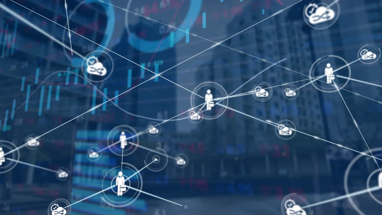 Animation of cloud computing icons connecting with lines against graphs and buildings