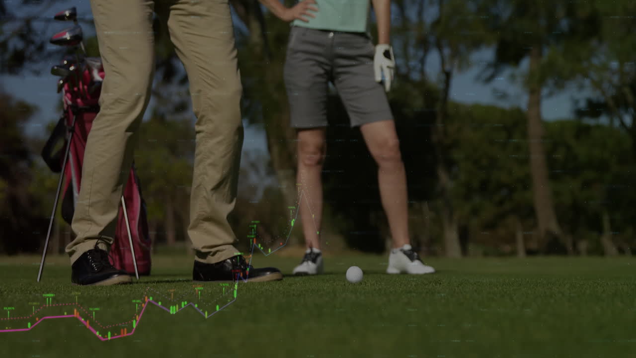 Male golfer lining up putt beside female golfer, displaying animated swing analysis chart for tech