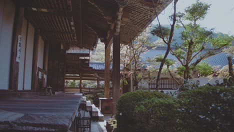 serene view of a traditional japanese temple surrounded by lush greenery in takaosan, japan. the peaceful architecture blends harmoniously with the natural landscape under a clear sky.