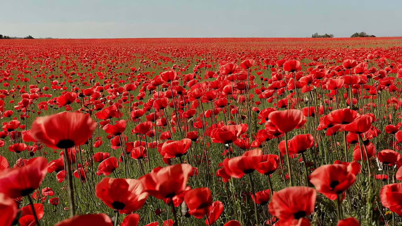 Campo di papaveri rossi ondeggianti in una leggera brezza in un prato, che mostra steli verdi, petali, cielo azzurro pallido