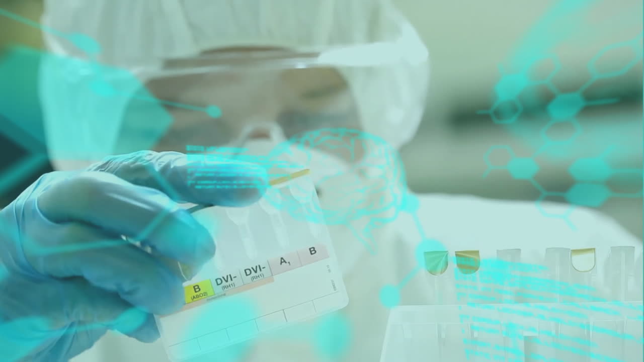 Animation of scientific data processing over scientist with beakers in laboratory