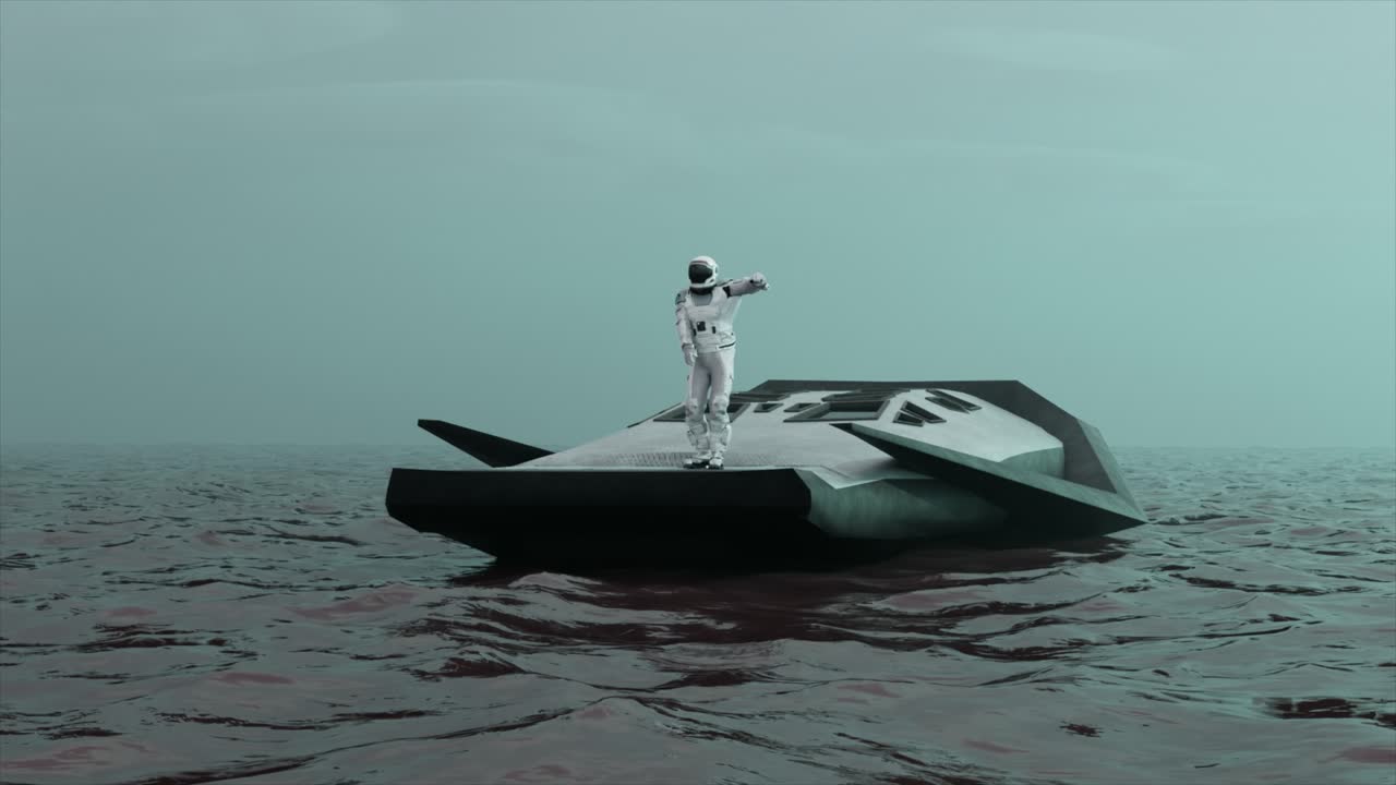 Astronauta naufrago su un'astronave distrutta in un mare in tempesta