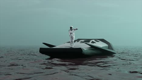 astronaut stranded on a wrecked spaceship in a stormy sea