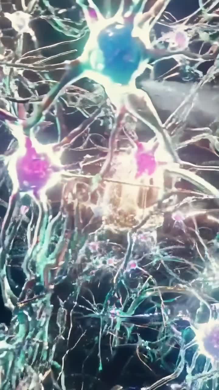 Dynamic video of glowing neural connections, captured from a close-up angle, showcasing complexity