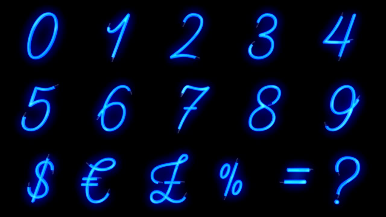turn on turn off, seamless loop ready, neon font blue alphabet number numeric word text series symbol sign on black background, neon numeric decoration text