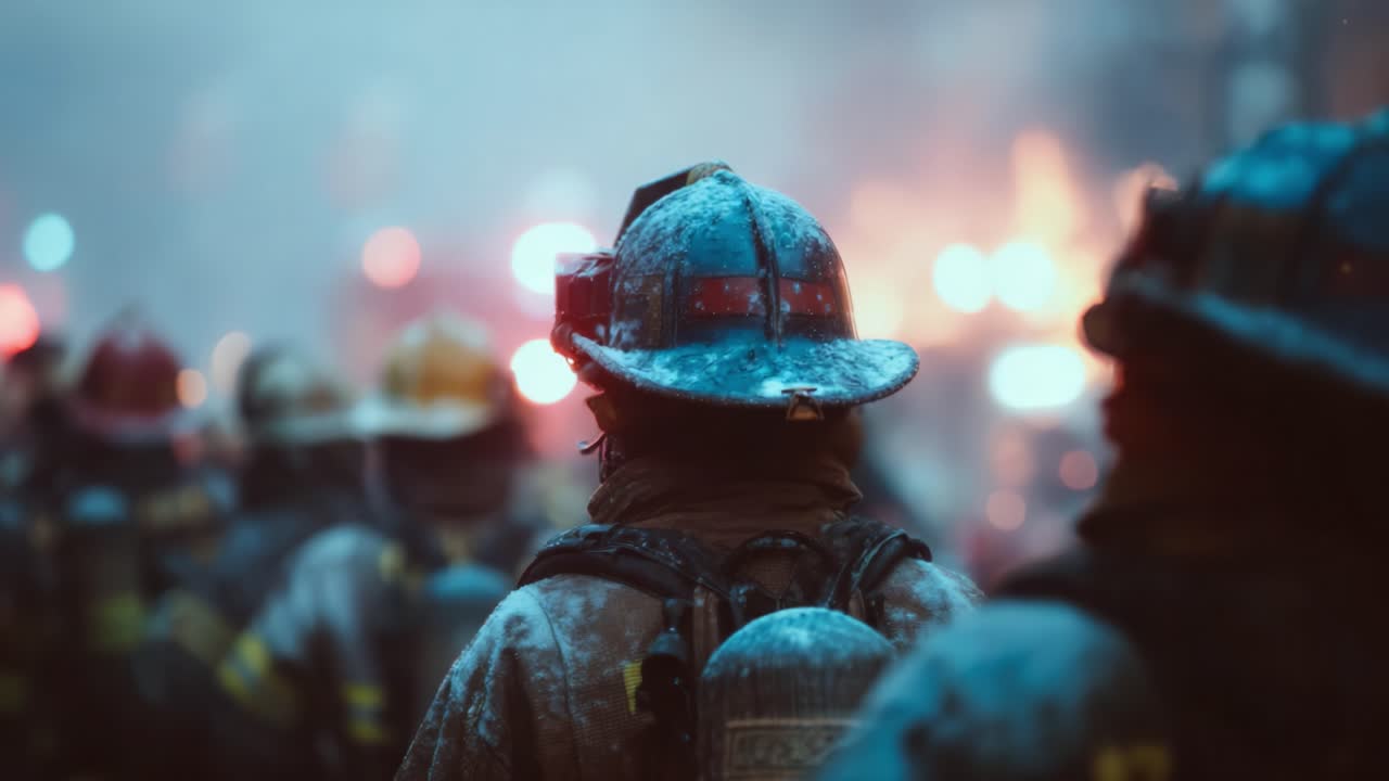 Valientes bomberos se mantienen firmes en medio de la nieve arremolinada y el caos, de espaldas al incendio que se desata, listos para enfrentar las llamas con determinación inquebrantable y coraje.