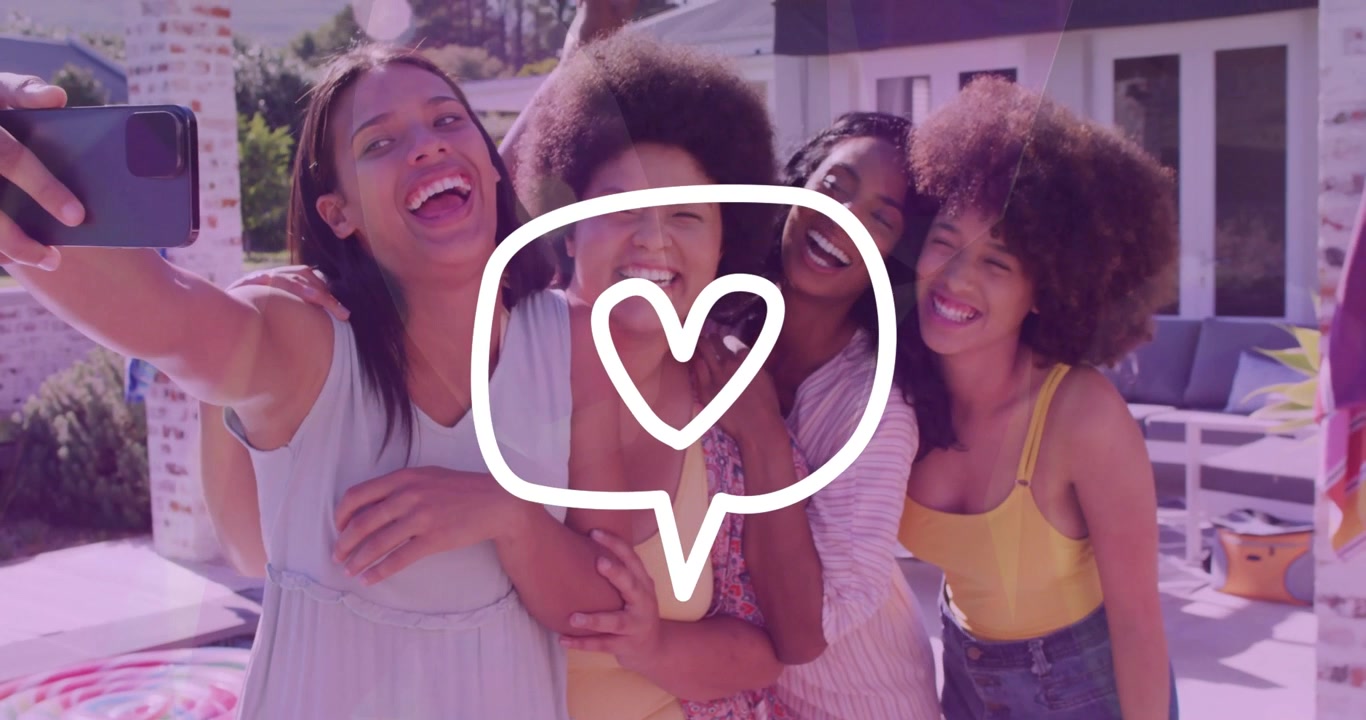 Left woman holding phone four women posing hugging heart overlay covering faces for social media
