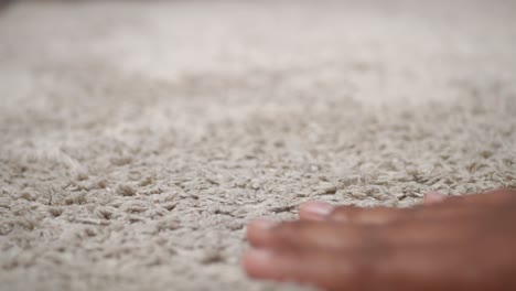 close up of a person's hand touching a fluffy beige carpet