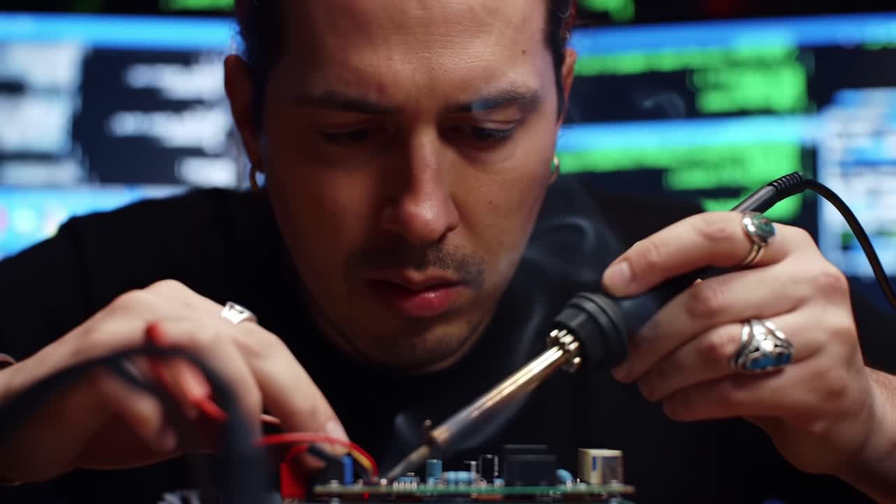 Focused Technician Engaged in Precision Electronics Repair and Circuit Board Soldering Amidst Technical Displays and Tools