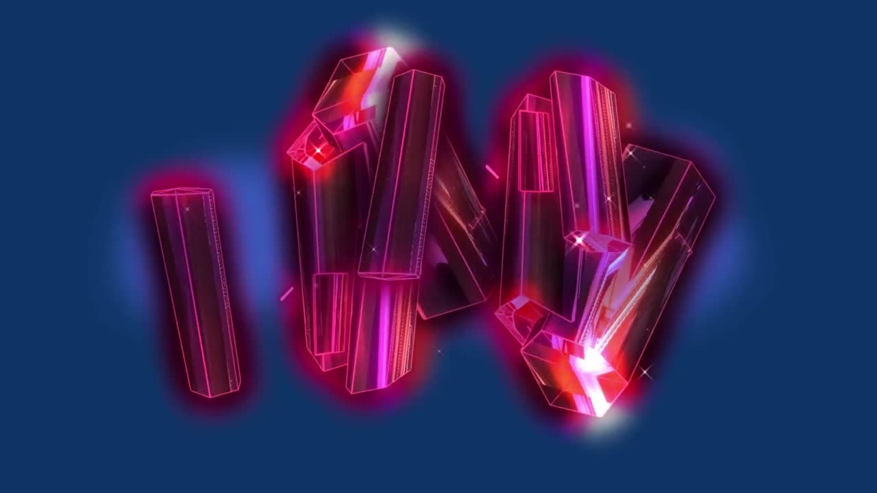 animación de bloques rosados metálicos sobre un fondo azul.