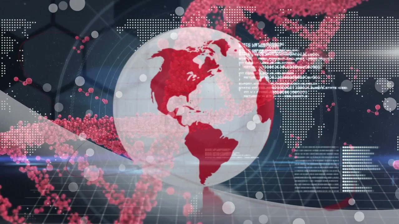 Animación de ADN, globo, mapa mundial y procesamiento de datos sobre fondo gris
