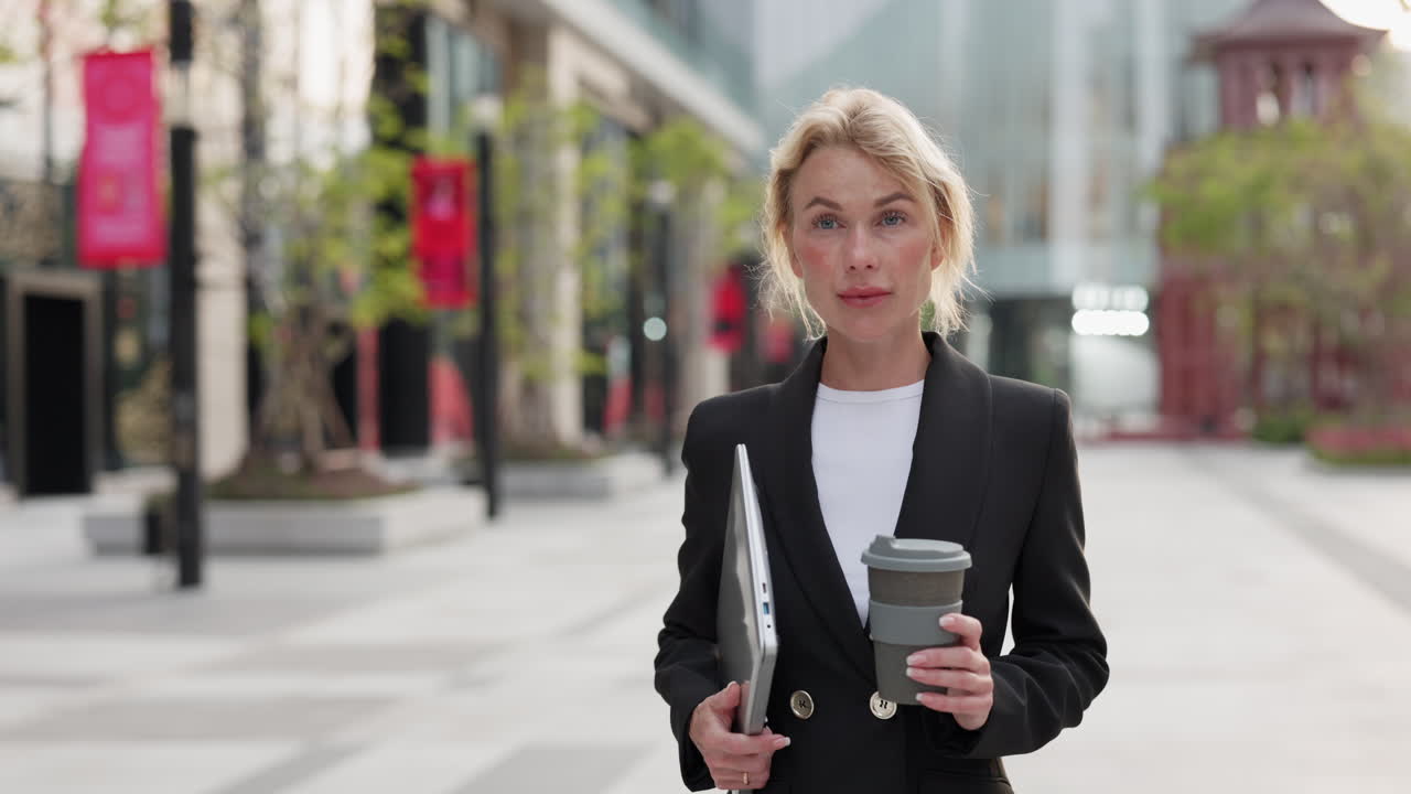 Businesswoman in the city with laptop and coffee