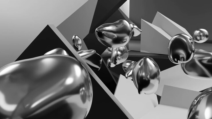 Monochrome Studio With Floating Chrome Forms, Liquidlike Droplets And Reflective Surfaces Against Geometric