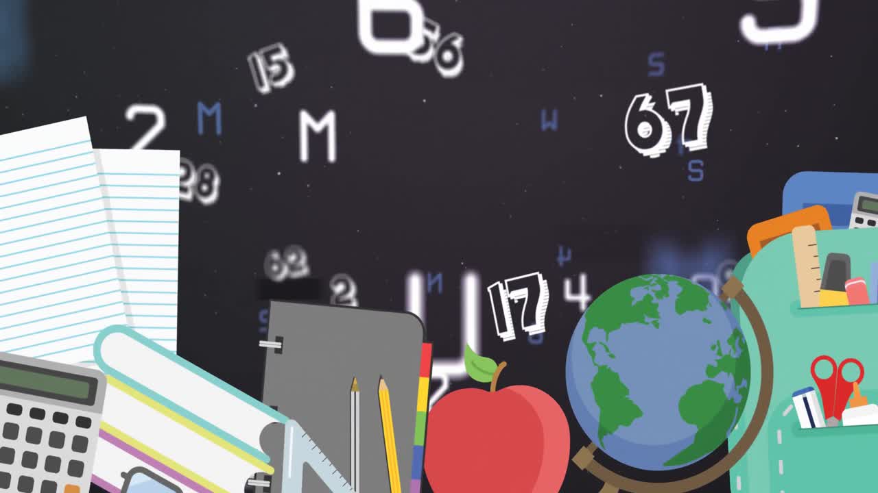 Digital animation of school concept icons moving against multiple changing numbers and alphabets on