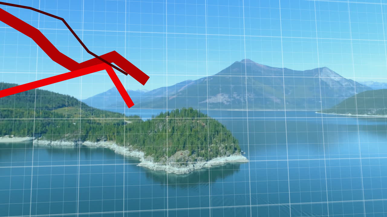 анимация красных линий и обработка финансовых данных над морским пейзажем