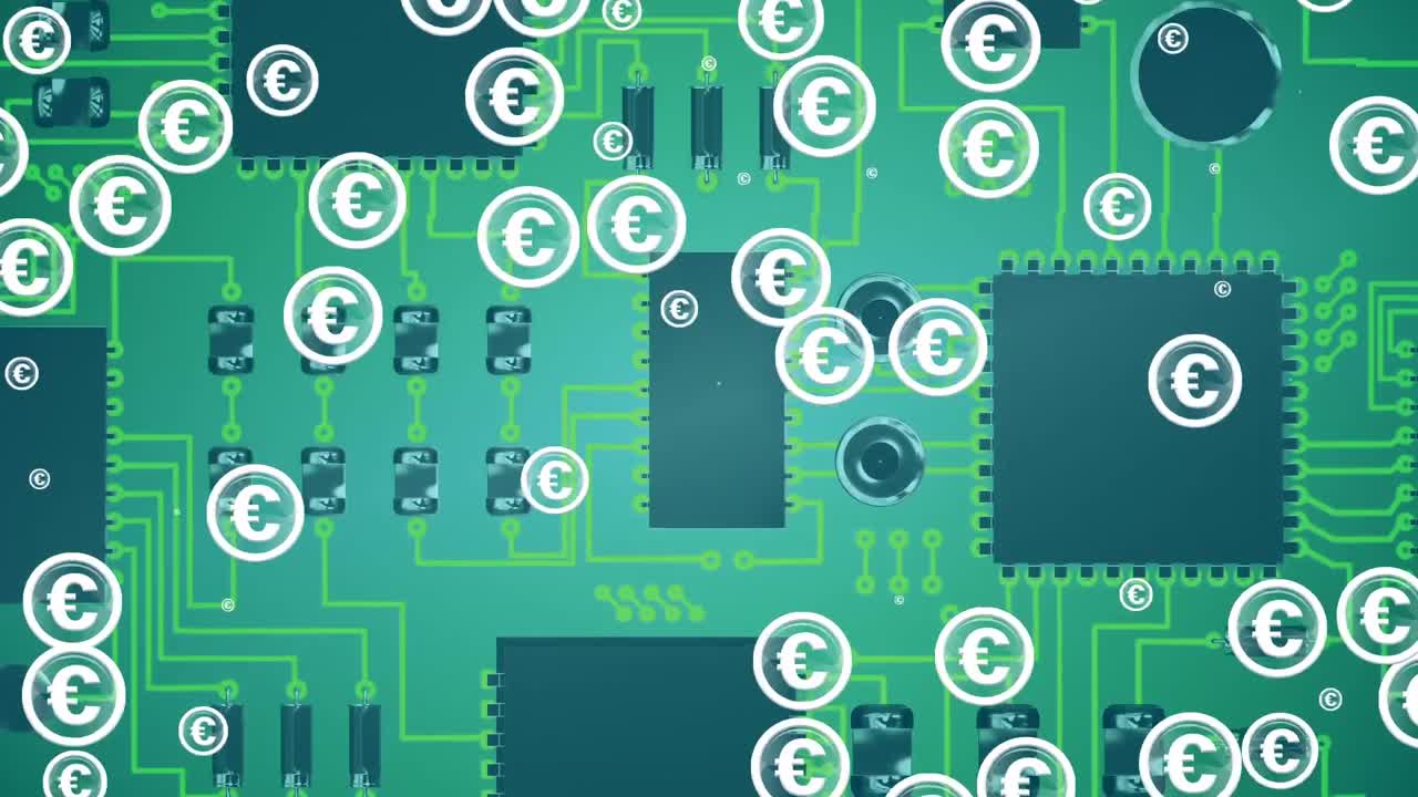 Animation of euro symbol icons over computer circuit board