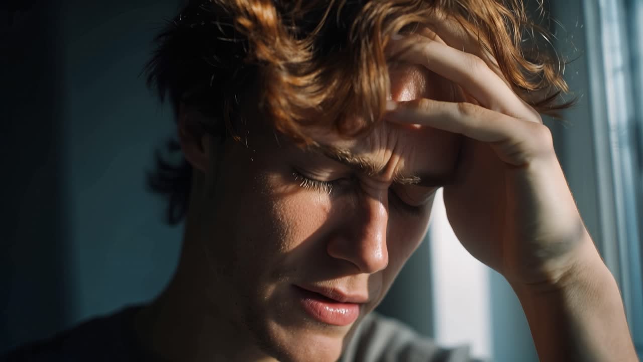 Un giovane uomo si poggia una mano sulla fronte. I suoi occhi mostrano profondo pensiero e stress silenzioso. La luce del sole filtra attraverso una finestra vicina. Appare pensieroso, sopraffatto o stanco