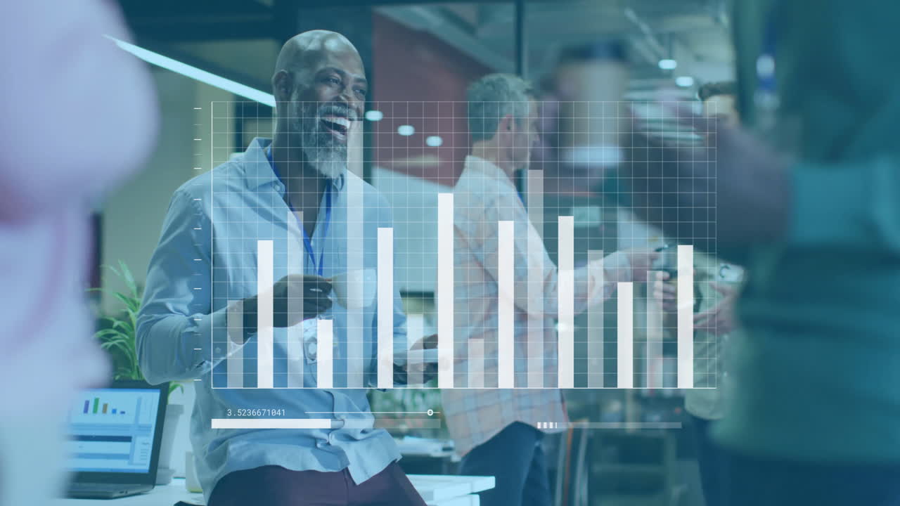 Animation of data processing and diagrams over diverse colleagues during break in office