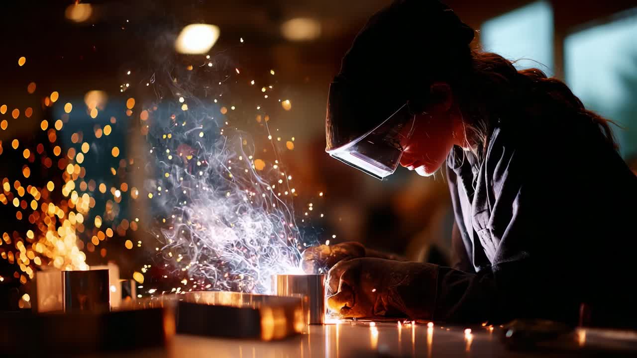 A skilled metalworker meticulously fine-tuning a metallic piece under intense sparks and smoke, showcasing the dedication and craftsmanship involved in metal fabrication and welding