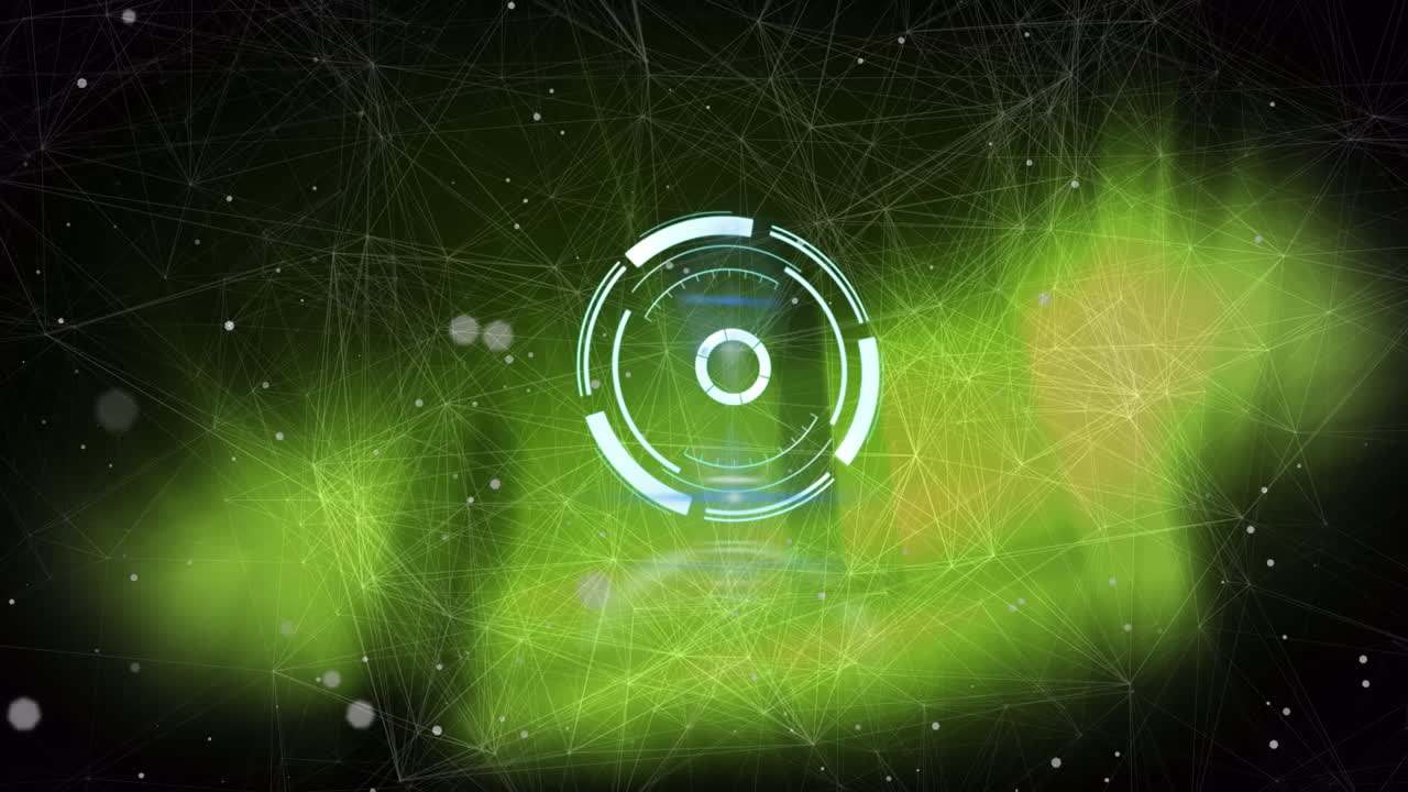 animación del escaneo del alcance a través de una red de conexiones y puntos brillantes sobre fondo amarillo