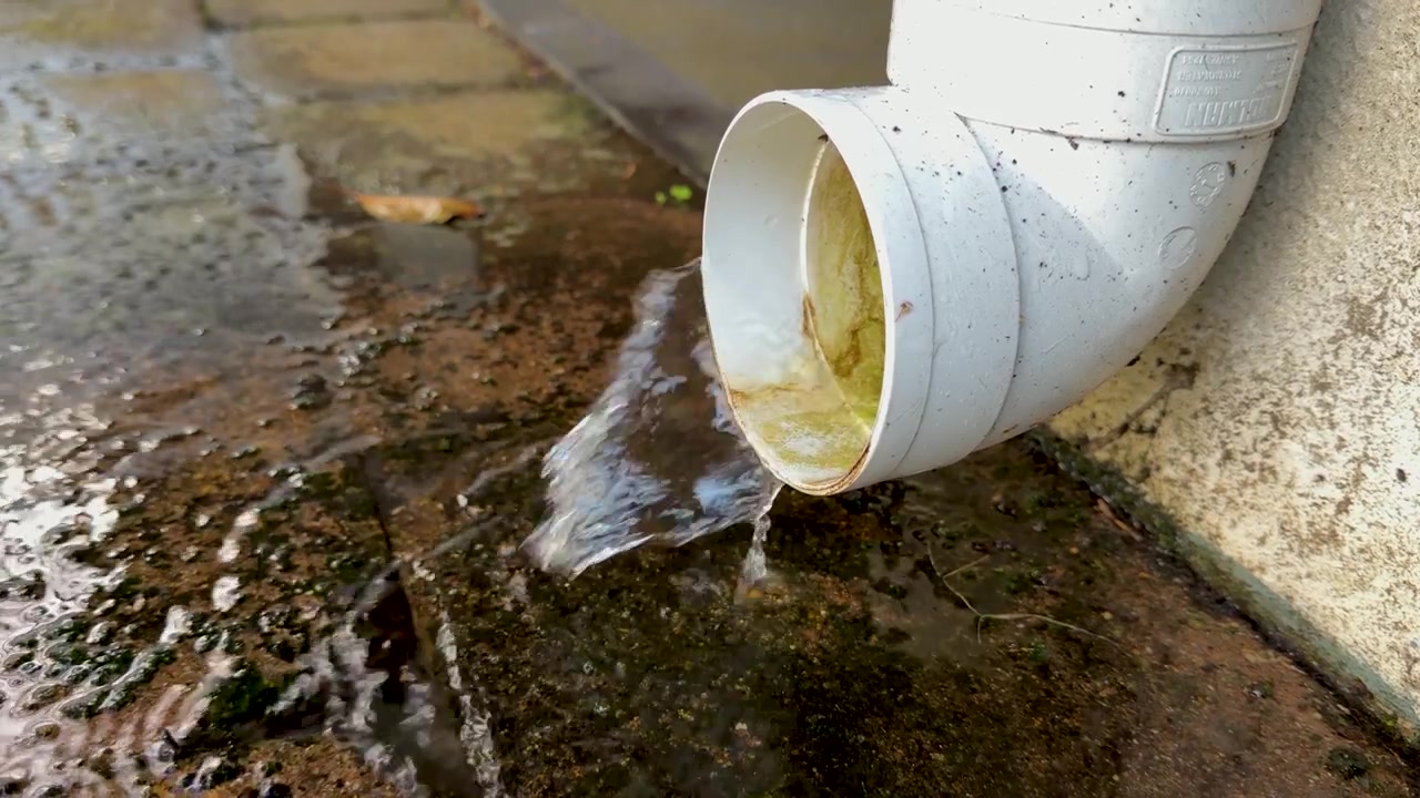 Air hujan mengalir dari pipa PVC putih ke beton basah dan berlumut saat hujan