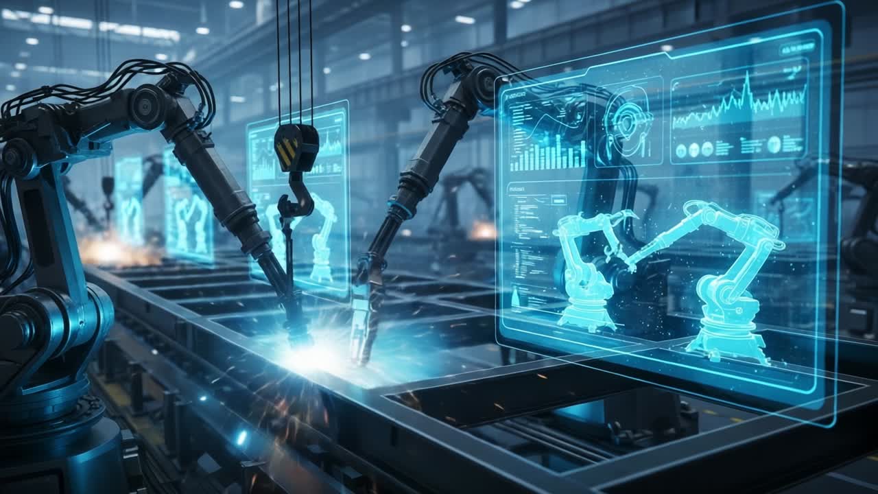 Futuristic automation in a high-tech manufacturing facility showcases robotic arms engaging in precision welding and assembly, surrounded by digital interfaces displaying real-time data and performance metrics