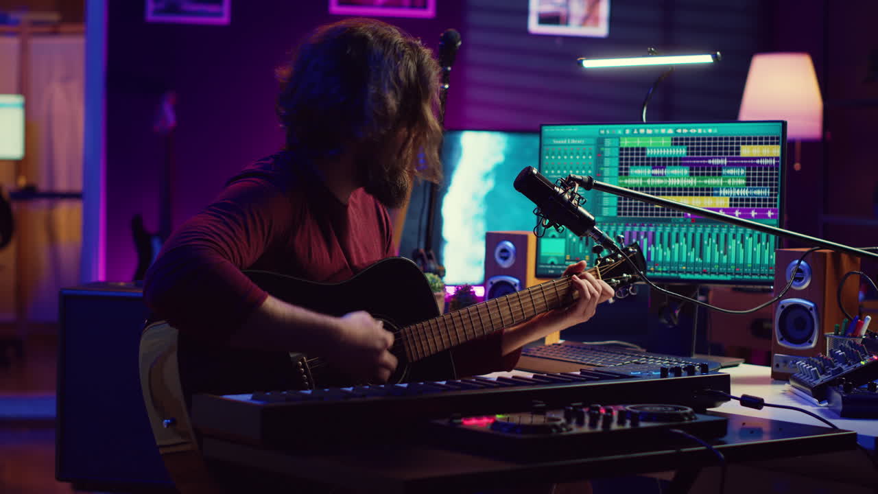 compositor creativo cantando una canción en el micrófono y tocando su guitarra