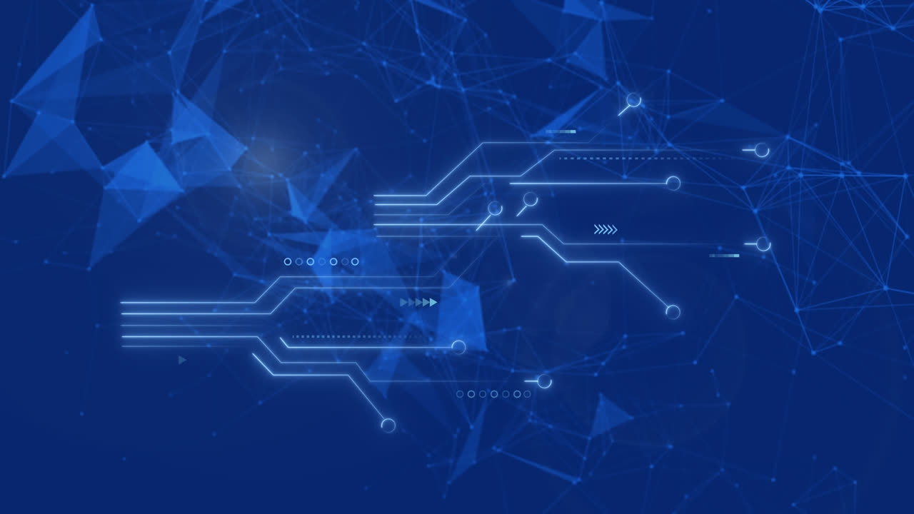 Animazione di connessioni di microprocessori e reti a plesso su sfondo blu.
