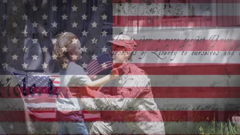 Animation-of-flag-of-united-states-of-america-over-happy-caucasian-male-soldier-with-daughter
