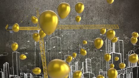 Digital-animation-of-multiple-golden-l-balloons-floating-against-crane-and-cityscape-drawing