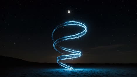 a mesmerizing spiraling light formation dances against the night sky, illuminated by the glowing moon, creating an enchanting visual spectacle filled with energy and allure