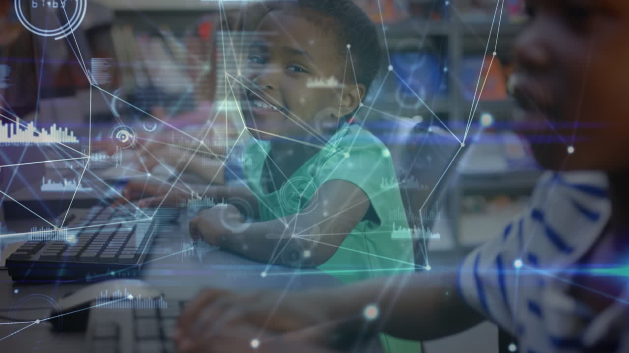 Animation of network of connections over diverse schoolchildren using computers in classroom