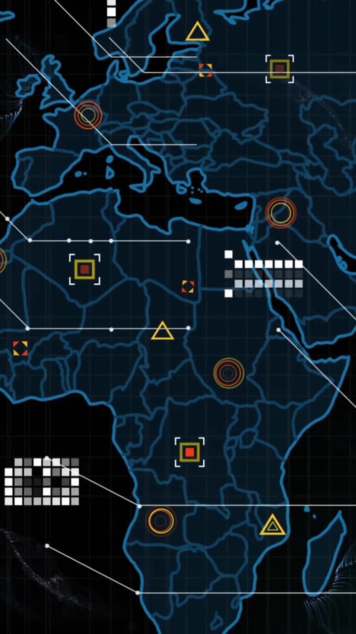 Animation of world map and data processing against black background