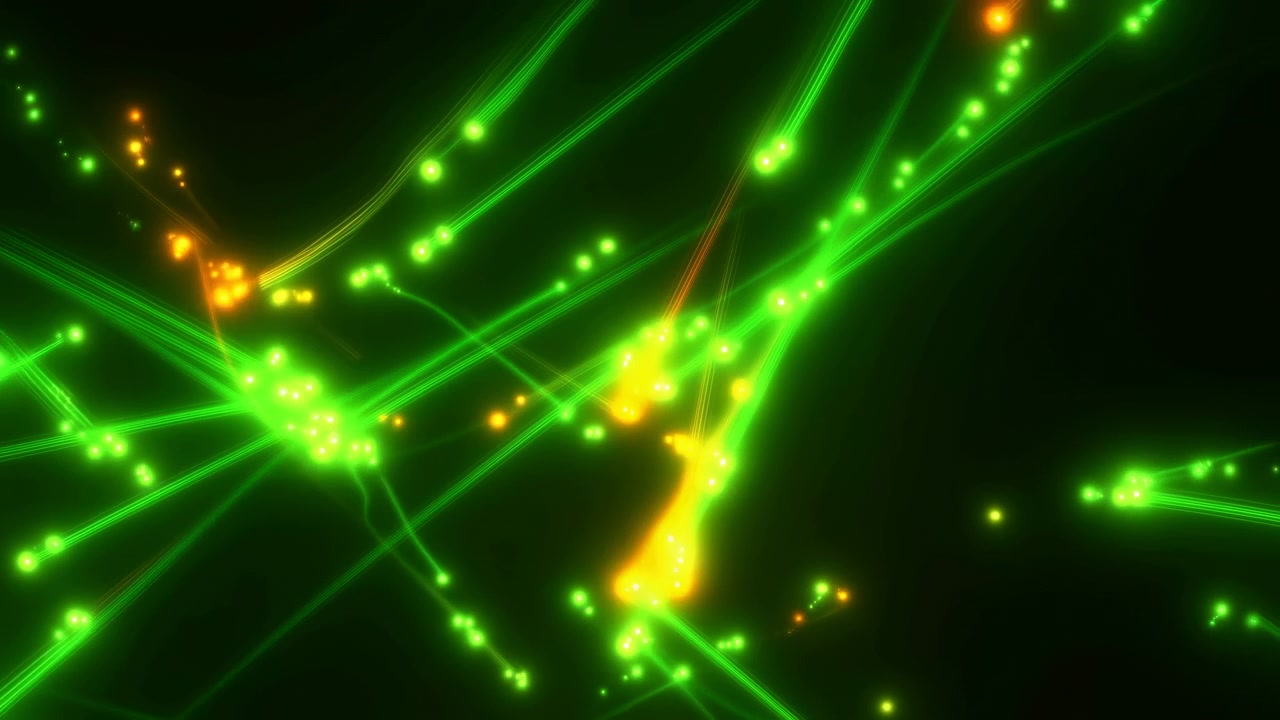 Fitti nastri neon intersecanti e nodi luminosi scorrono su uno sfondo nero-verde scuro, formando strisce diagonali, bagliori luminosi, aloni di luce soffusa, profondità stratificata ed energia futuristica ad alto contrasto.