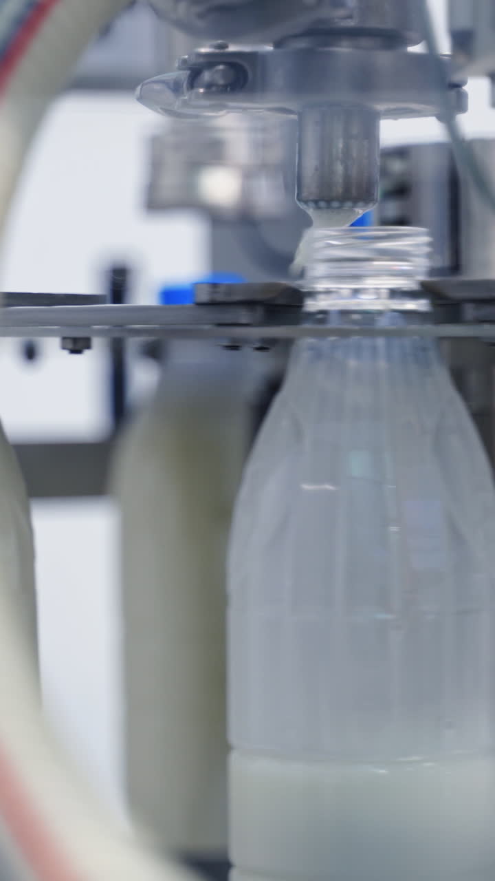 Conveyor line for pouring dairy products into plastic bottles at milk factory. Plastic bottles go around conveyor belt and filling with milk. Slow motion. Vertical video