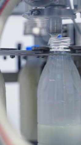 conveyor line for pouring dairy products into plastic bottles at milk factory. plastic bottles go around conveyor belt and filling with milk. slow motion. vertical video
