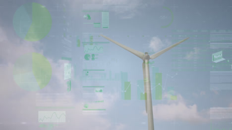 composite video of screens with statistical data processing against spinning windmill